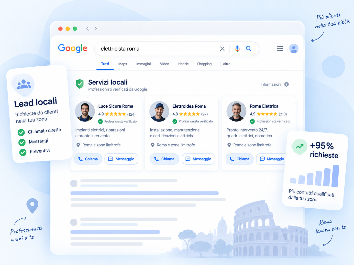 Ricevere richieste nella tua zona: Offri servizi sul territorio? Con Local Services puoi ricevere chiamate e messaggi da potenziali clienti. Disponibilità da verificare per categoria e zona.