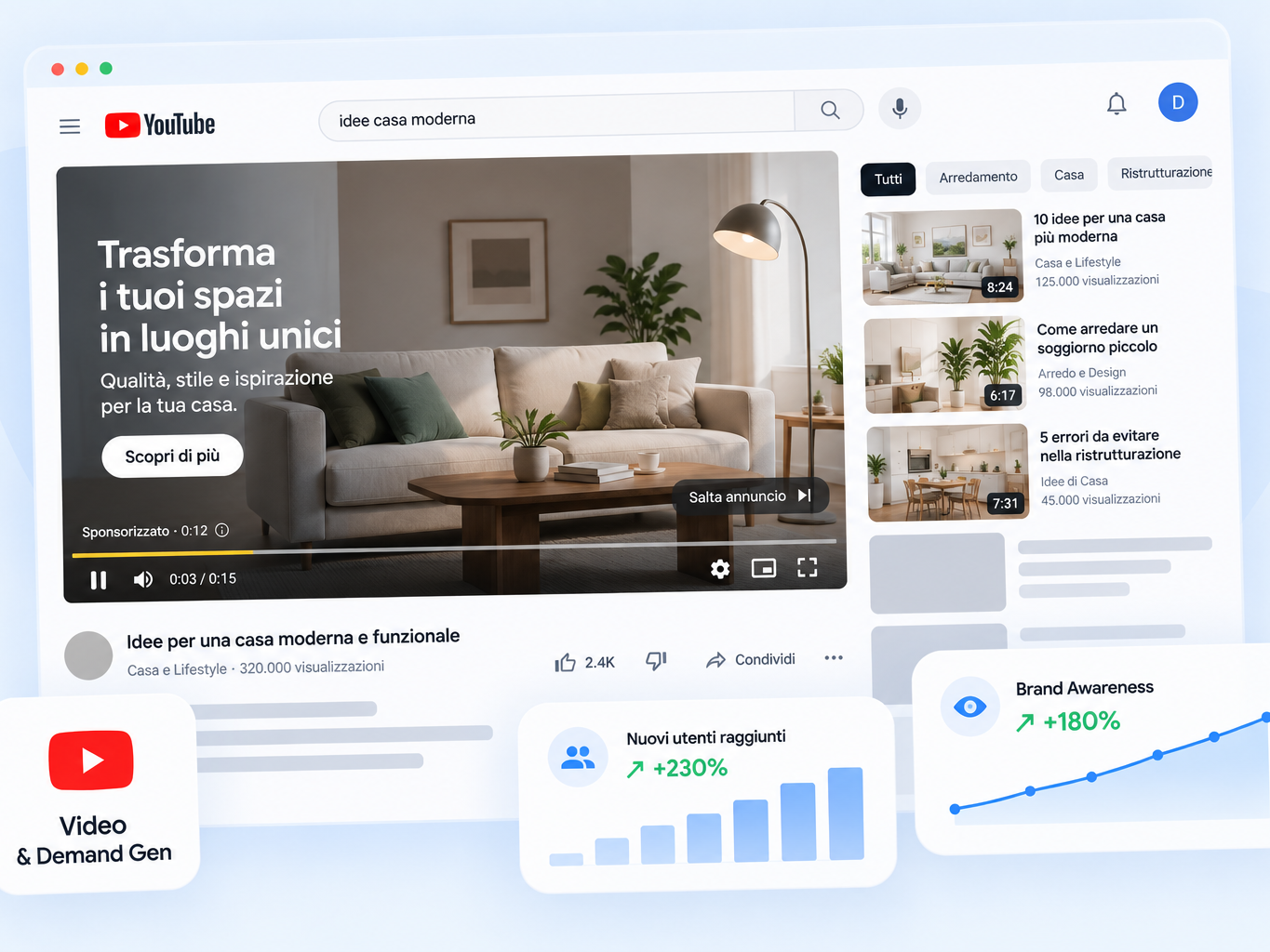 Far conoscere il tuo brand: Presenta la tua attività con video e immagini, anche a chi non ti conosce ancora. Campagne YouTube e Demand Gen per creare interesse.