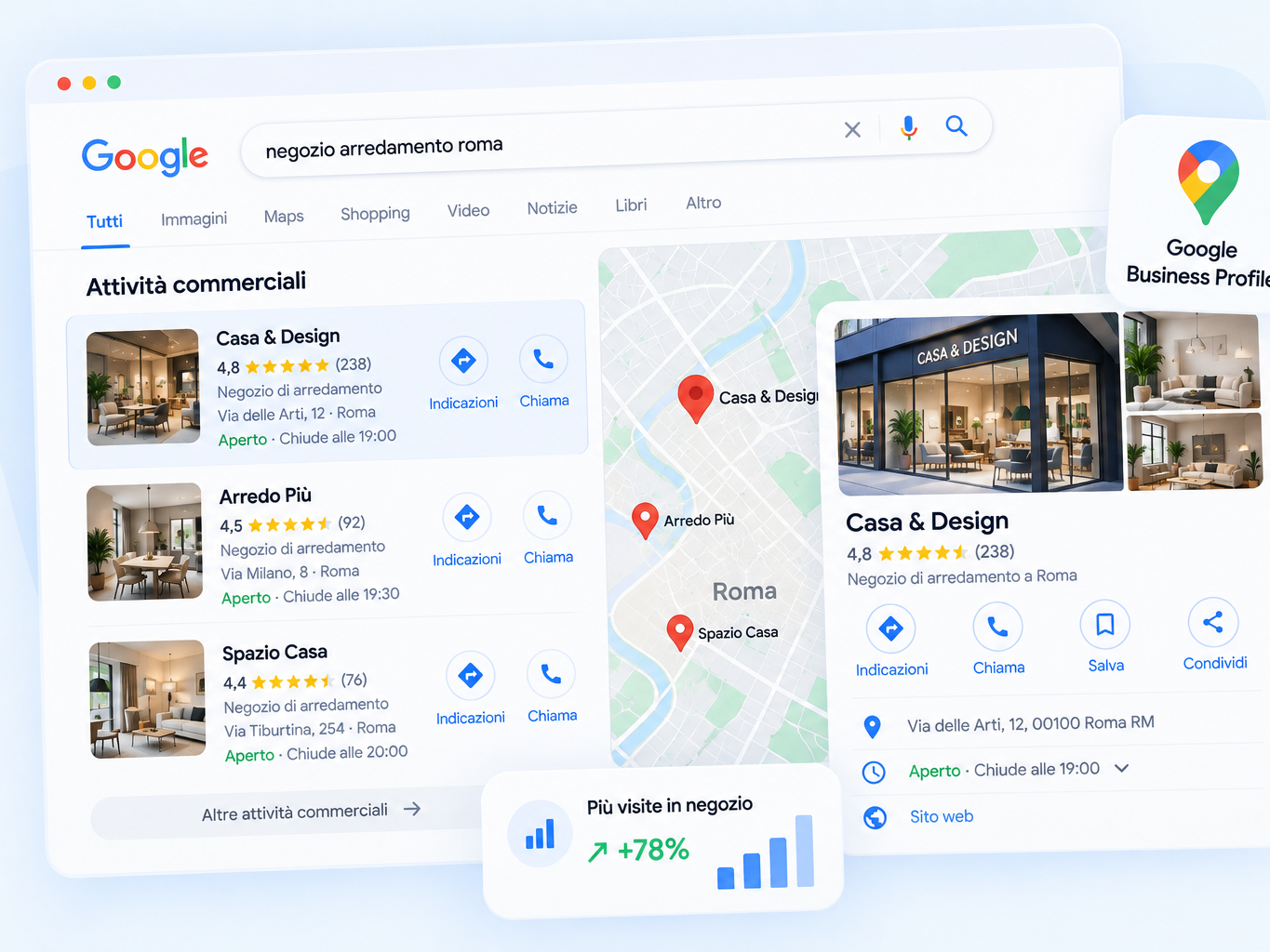 Portare clienti nella tua sede: Promuovi il tuo negozio, ristorante o showroom e facilita il contatto e il percorso per raggiungerti. Con Performance Max per obiettivi locali.