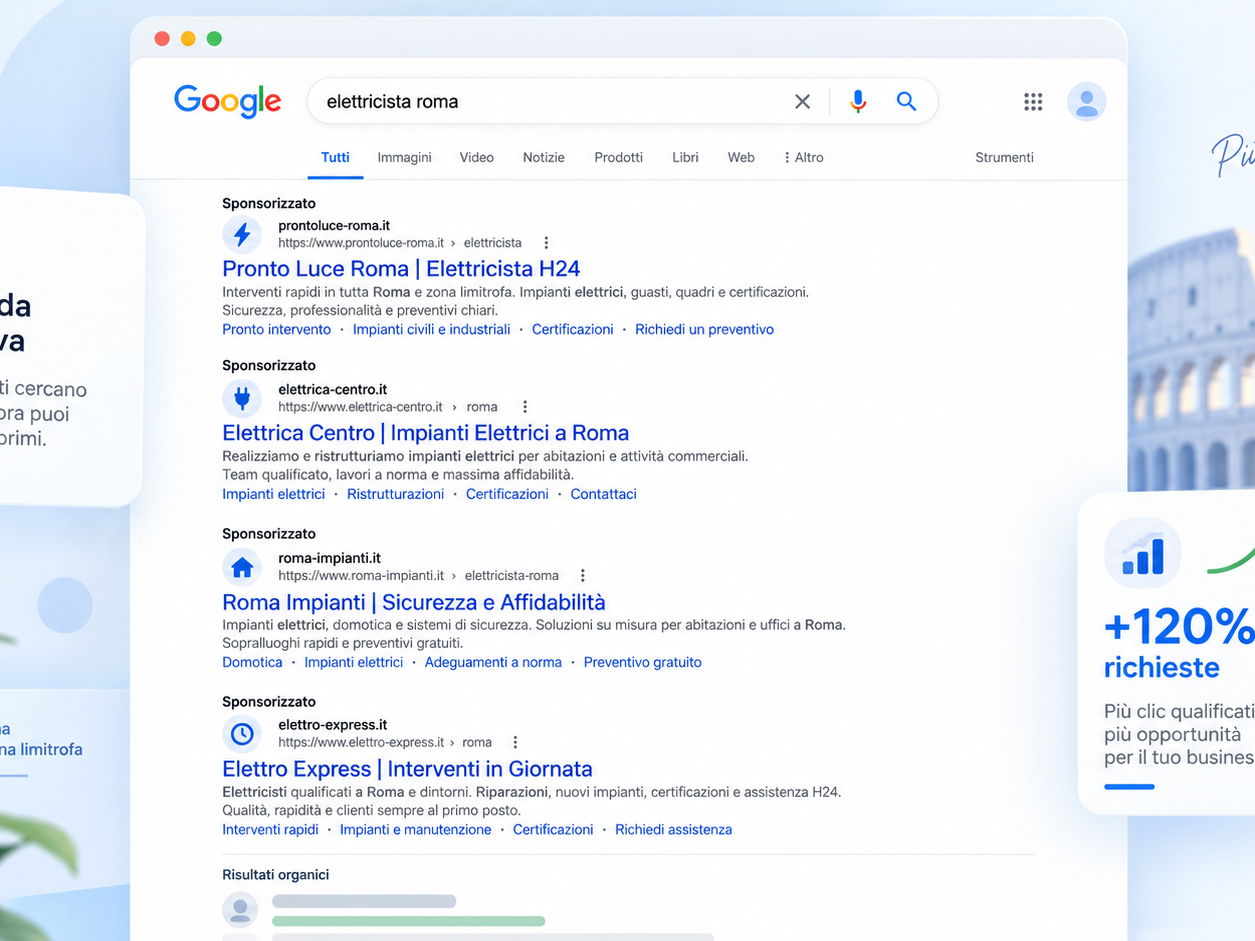 Ricevere contatti e preventivi: Fatti trovare su Google da chi sta già cercando i tuoi servizi. Le campagne Search trasformano una ricerca in un’occasione di contatto.