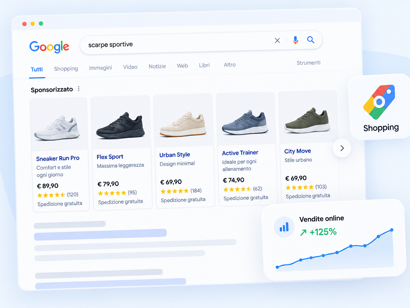 Vendere i prodotti online: Mostra prodotti, immagini e prezzi a chi cerca cosa acquistare. Google Shopping accompagna le persone verso il tuo e-commerce.